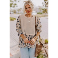 Beige Faux Two Piece Knit Patchwork Floral Print Plus Size Top - 1X