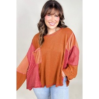 Orange Textured Knit Color Block Patchwork Chest Pocket Plus Size Top - 1X