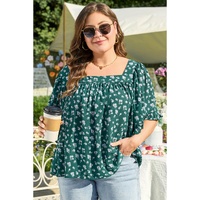 Green Floral Print Square Neck Ruffled Trim Plus Size Blouse - 2X