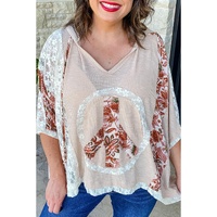 Khaki V Neck Floral Peace Sign Graphic Lace Patch Ribbed Plus Size Hooded Top - 1X