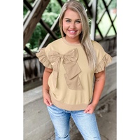 Parchment Ruffled Short Sleeve Bowknot Applique Crew Neck Plus Size Top - 1X