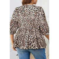 Khaki Leopard Print Lace-up Ruffled 3/4 Sleeve Plus Size Blouse - 1X