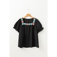 Black Floral Crochet Square Neck Ruffled Short Sleeve Flowy Plus Size Top - 1X