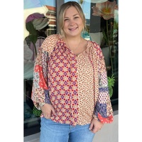 Orange Floral Geometric Patchwork Lace-up Crewneck Plus Size Blouse - 1X