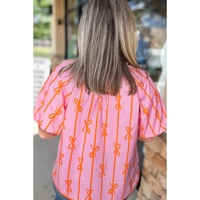 Rose Bowknot Print Shirred V Neck Puff Sleeve Plus Size Blouse - 2X