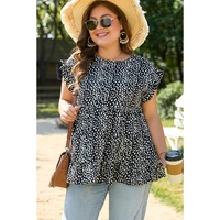 Black Leopard Print Ruffled Short Sleeve Keyhole Back Tiered Flowy Plus Size Blouse - 3X