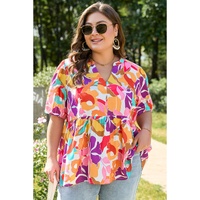 Pink Plus Size Floral Print V Neck Fit and Flare Blouse - 2X