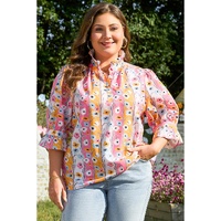 Pink Floral Ruffled Collar Bracelet Sleeve Plus Size Blouse Top - 1X