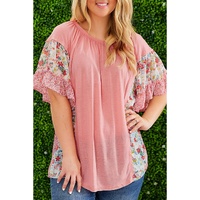Pink Plus Size Floral Patchwork Ruffled Short Sleeve Blouse - 1X
