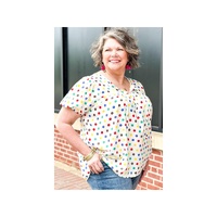 Apricot Plus Size Colorful Polka Dots Tie Neck Puff Sleeve Blouse - 1X