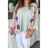 Green Plus Size Flower Patchwork Exposed Seam High Low Top - 1X