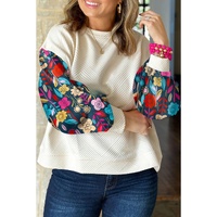 White Floral Patchwork Sleeve Textured Plus Size Pullover Top - 1X