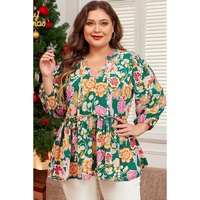 Green Floral Tied V Neck Long Sleeve Plus Size Babydoll Top - 1X