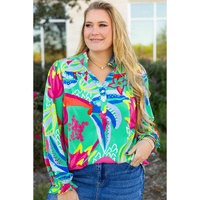Green Abstract Printed Flounce Sleeve V Neck Buttoned Plus Size Blouse - 1X