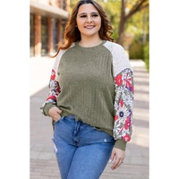 Vineyard Green Plus Size Textured Floral Patchwork Raglan Sleeve Blouse - 1X