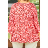 Red Plus Size Floral V Neck Flared Bracelet Sleeve Blouse - 1X