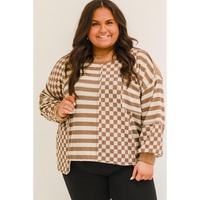 Khaki Striped Checkered Mixed Print Chest Pocket Casual Plus Size Top - 1X
