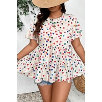Beige Colorful Polka Dot Print Short Sleeve Ruffled Plus Size Babydoll Blouse - 1X