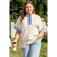 White Varsity Half Zip Textured Plus Size Top - 2X