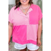 Bright Pink Colorblock Patchwork Short Sleeve Buttons Plus Size Henley Top - 2X