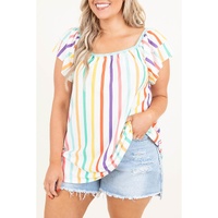 White Stripe Ruffled Sleeve Square Neck Plus Size Blouse - 1X