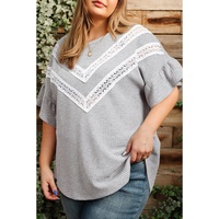 Light Grey Lace Insert Waffle Ruffle Short Sleeve Plus Size Top - 1X