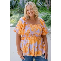 Purple Floral Puff Sleeve Square Neck Smocked Plus Size Babydoll Blouse - 1X