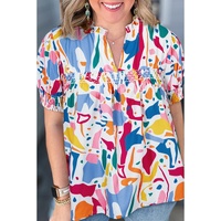 White Abstract Print Shirred Cuff Puff Sleeve Plus Size Blouse - 4X