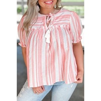 Pink Stripe Plus Size Tassel Tie Frilled Detail Short Sleeve Blouse - 1X
