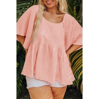 Apricot Pink Plus Size Textured Wide Short Sleeve Babydoll Blouse - 1X