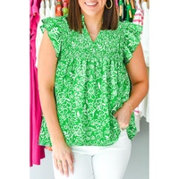 Green Floral Flutter Sleeve Shirred Notched Neck Plus Size Blouse - 4X