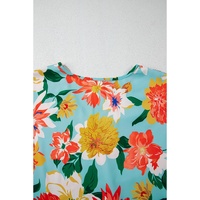 Sky Blue Plus Size Floral Print V Neck Batwing Sleeve Blouse - 4X