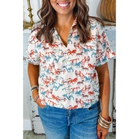 White Horse Galloping Allover Print Split Neck Plus Size Blouse - 3X