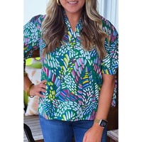 Green Abstract Print Knotted Short Sleeve Plus Size Blouse - 2X