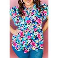 Blue Floral Flutter Sleeve Tied Notched Neck Plus Size Blouse - 2X