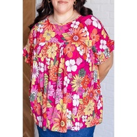 Rose Plus Size Floral Print Ruffle Short Sleeve Blouse - 1X