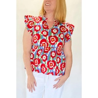Red Plus Size Floral Print Ruffle Trim Split Neck Peplum Top - 1X