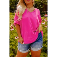 Bright Pink Seamed Back High Low Hem V Neck Cuffed Sleeve Plus Size Tee - 4X