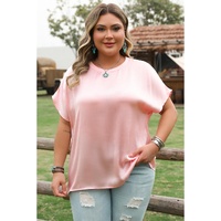 Pink Metallic Gloss Short Batwing Sleeve Plus Size Top - 1X