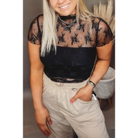 Black Plus Size Sheer Lace Mesh Short Sleeve Top - 2X