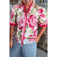 Rose Plus Size Floral Print Frilled Stripes Detail Short Sleeve Blouse - 4X