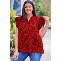 Fiery Red Rose Floral Print Ruffle Sleeve Plus Size Shift Top - 4X