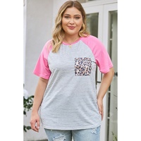 Stripe Leopard Patch Pocket Plus Size Raglan Sleeve Tee - 2X