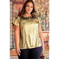 Gold Plus Size Floral Embroidered Short Sleeve Top - 1X