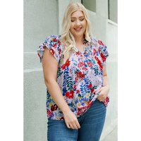 Red Plus Floral Print Ruffle Cap Sleeve V Neck Blouse - 1X