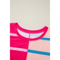 Rose Stripe Color Block Crewneck Long Sleeve Plus Size T Shirt - 3X