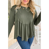 Mist Green Plus Size Thermal Knitted Babydoll Flare Top - 2X