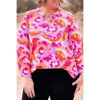 Pink Plus Size Abstract Floral Print V Neck Blouse - 2X