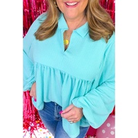 Turquoise Cordrd Balloon Sleeve Collar Plus Babydoll Top - 1X