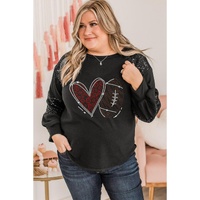 Black Rhinestone Heart Rugby Football Pattern Sequin Patched Sleeve Plus Size Top - 2X